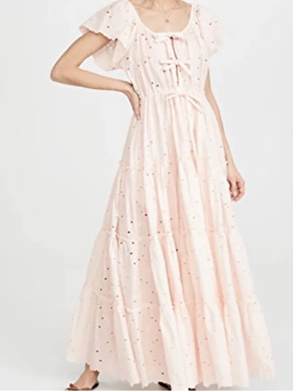 Innika Choo Flutter-Sleeve Pale Pink Maxi Dress with Tie-Front, M
